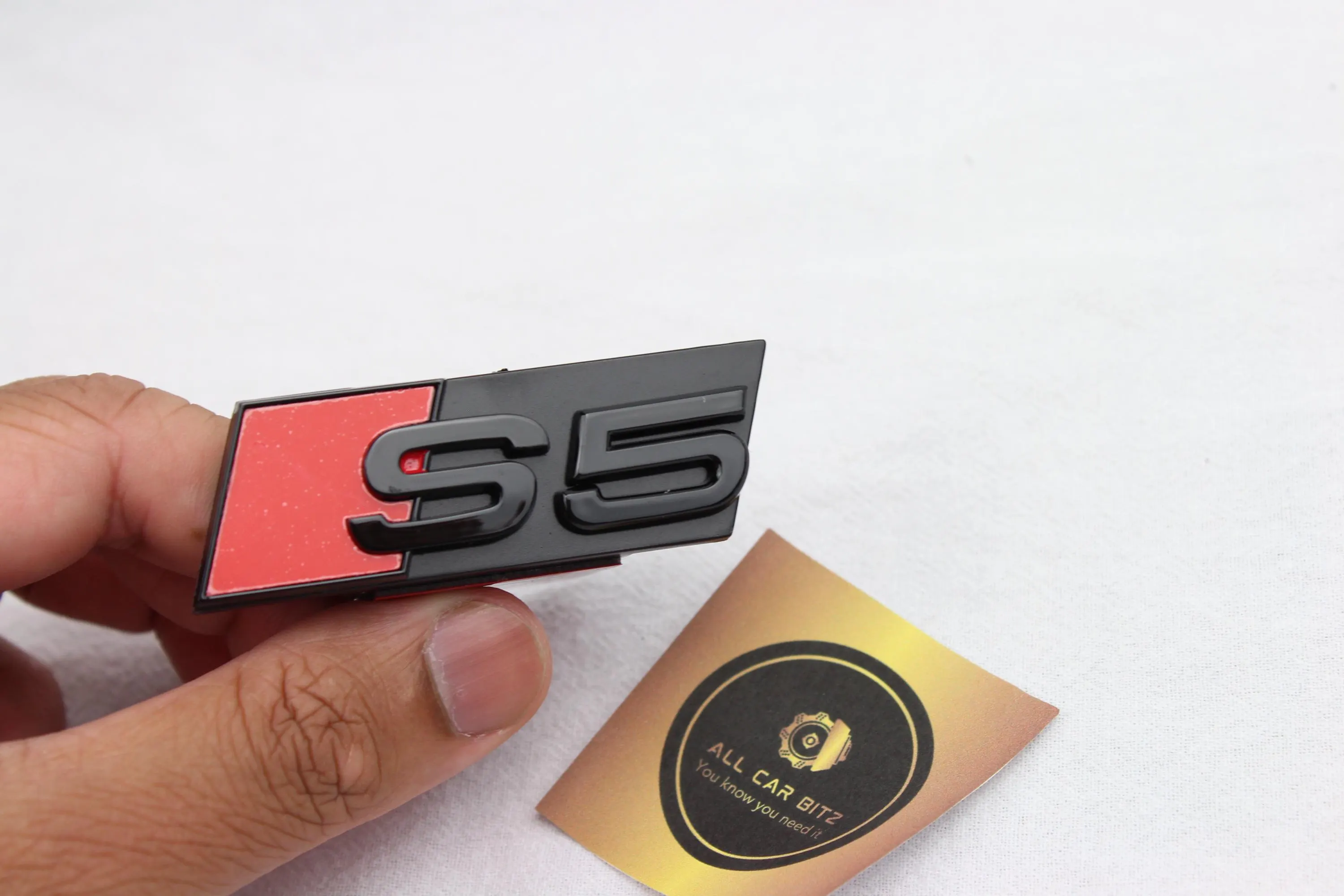 Audi S5 Front and Rear Badge Set – Gloss Black & Red Emblems