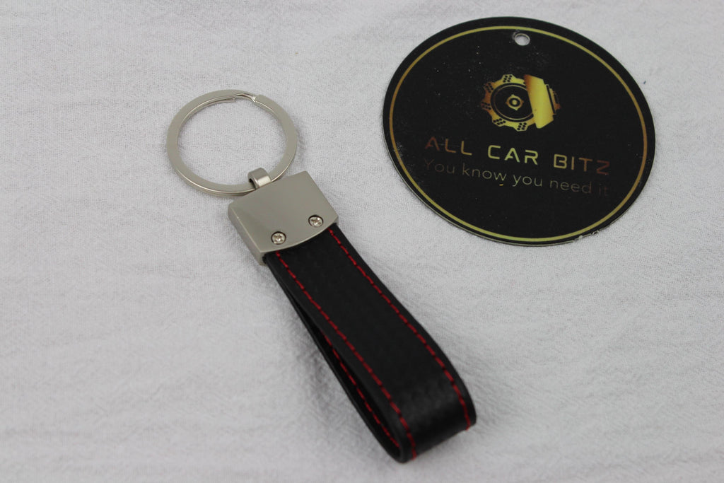 Mercedes Logo Keychain AMG – Carbon Fibre Effect Leather Key Ring with Red Stitching