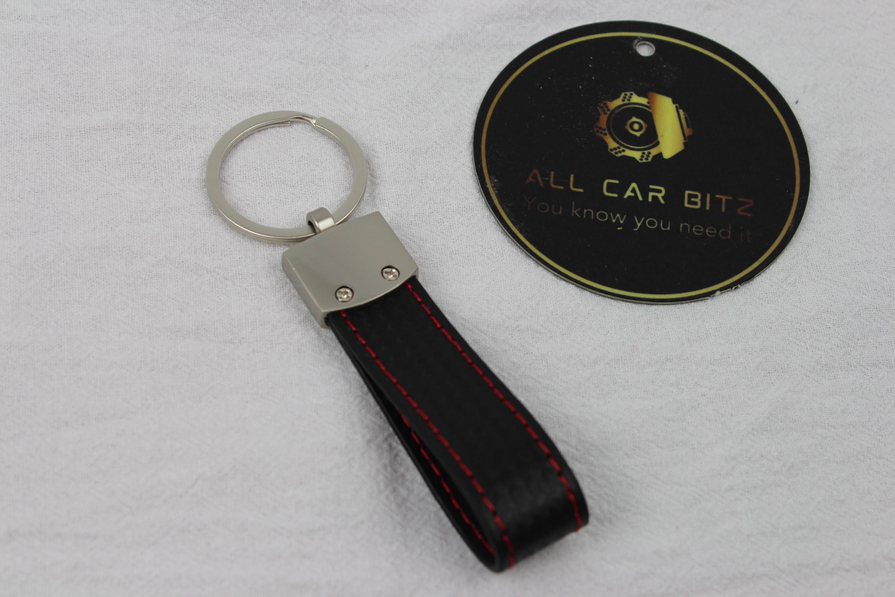 Mercedes Logo Keychain AMG – Carbon Fibre Effect Leather Key Ring with Red Stitching