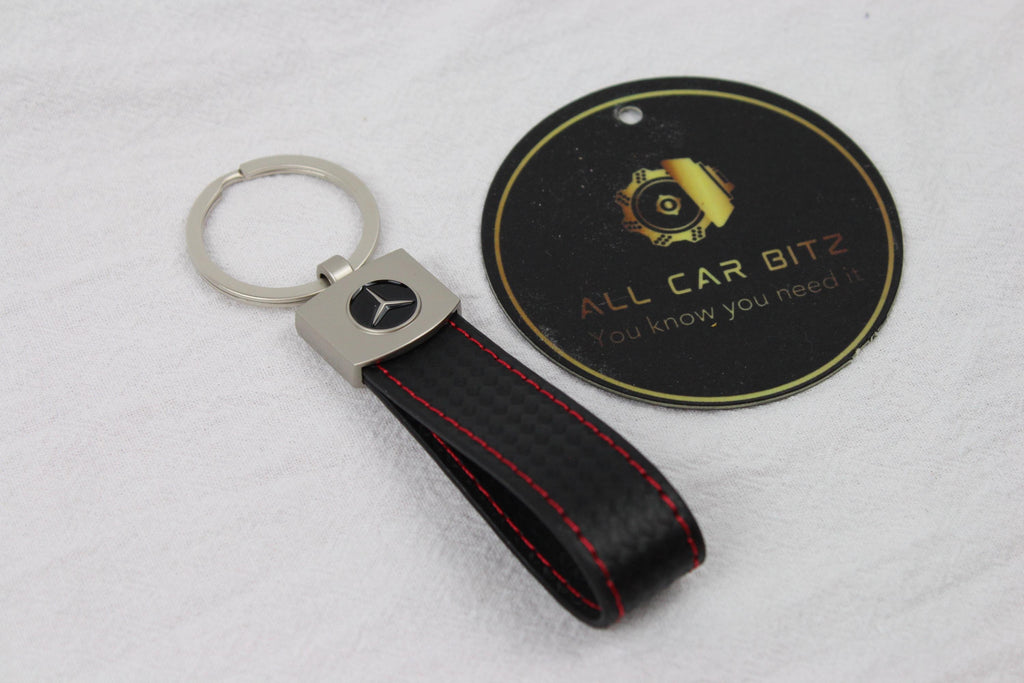 Mercedes Logo Keychain Black – Carbon Fibre Effect Leather Key Ring with Red Stitching