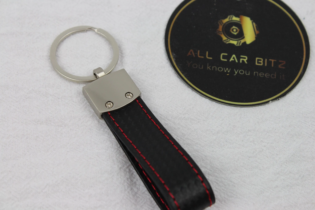 Mercedes Logo Keychain Silver  – Carbon Fibre Effect Leather Key Ring with Red Stitching