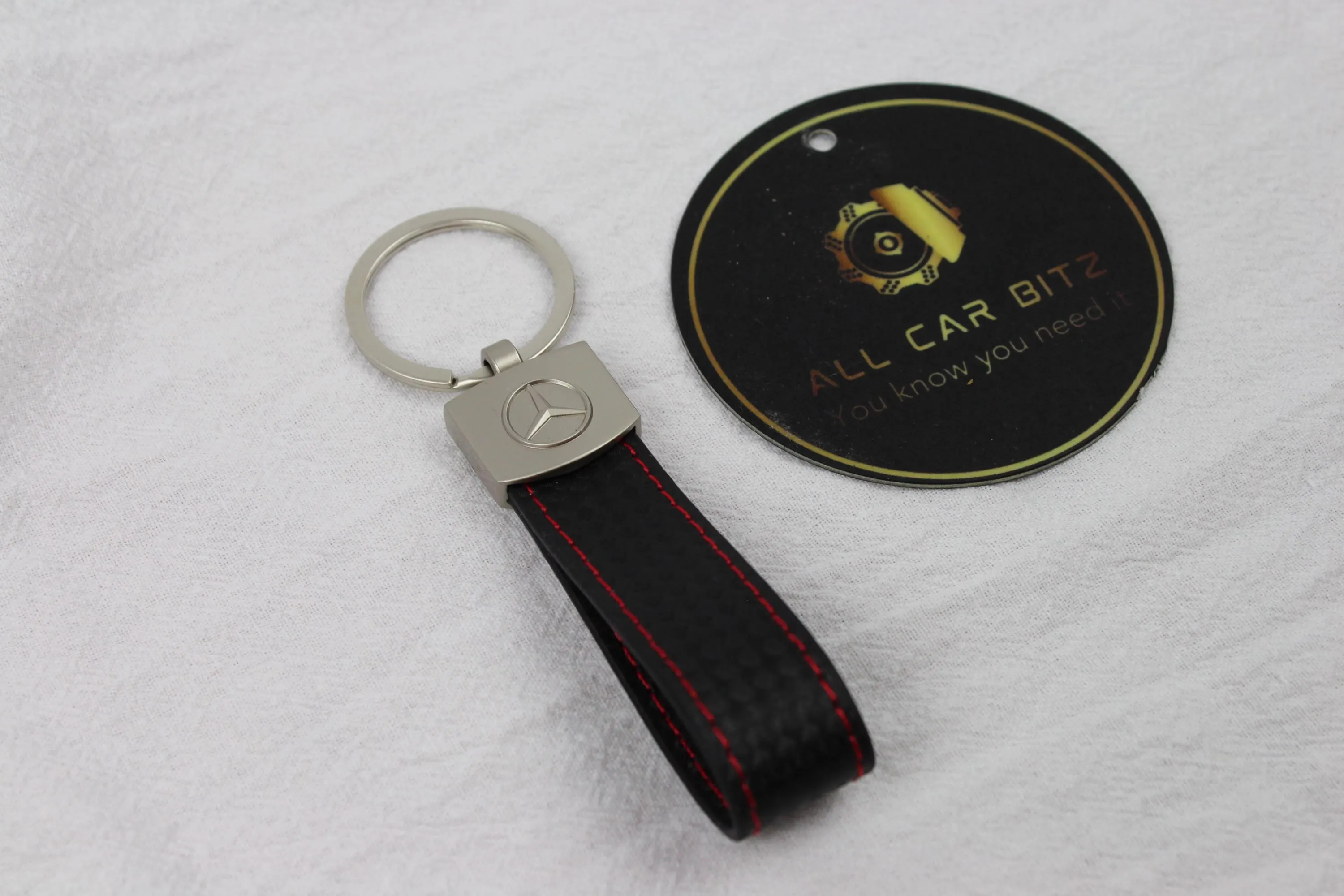 Mercedes Logo Keychain Silver  – Carbon Fibre Effect Leather Key Ring with Red Stitching