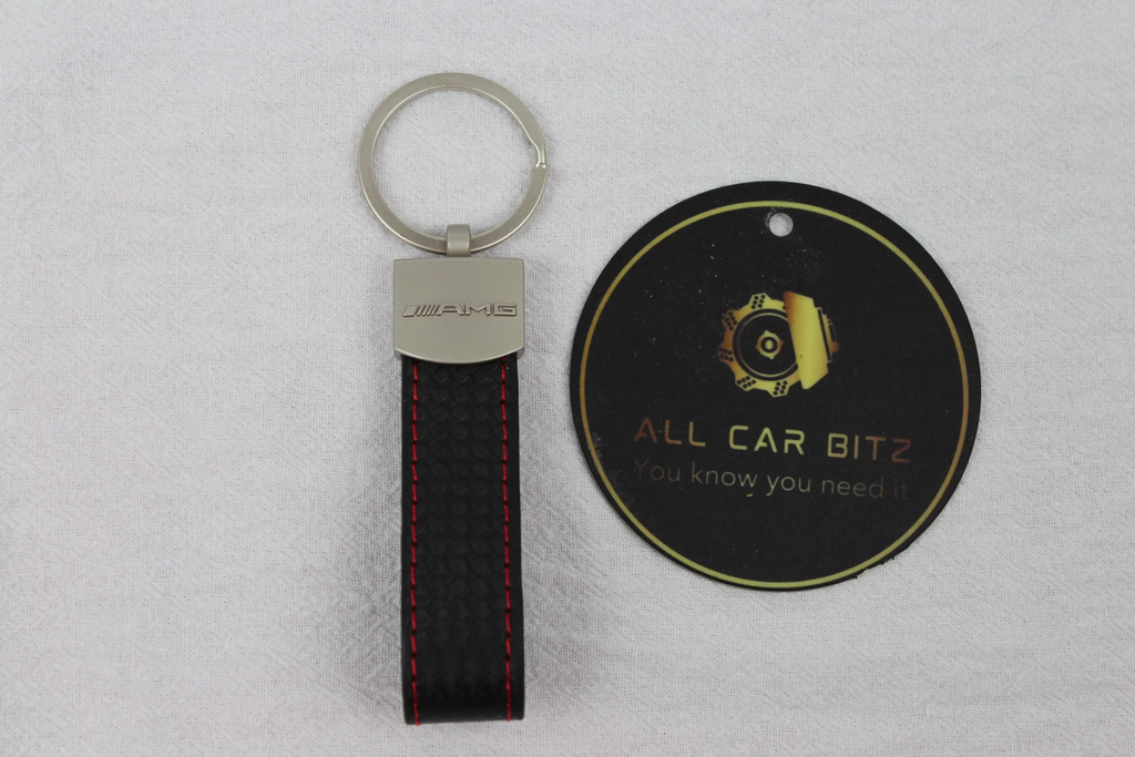 Mercedes Logo Keychain – Carbon Fibre Effect Leather Key Ring with Red Stitching
