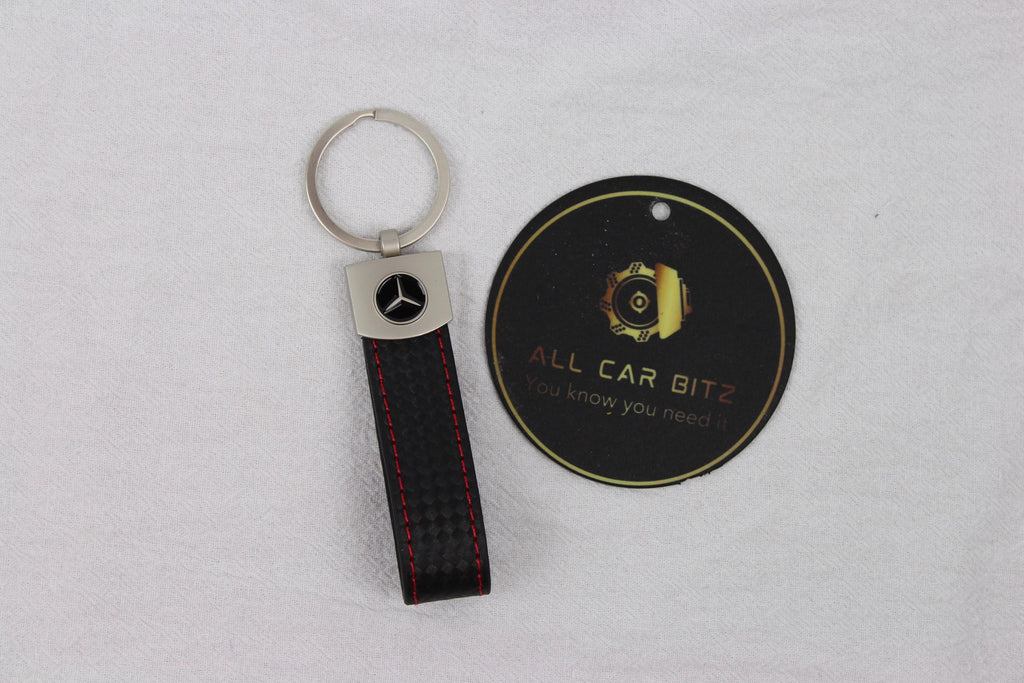Mercedes Logo Keychain Black – Carbon Fibre Effect Leather Key Ring with Red Stitching