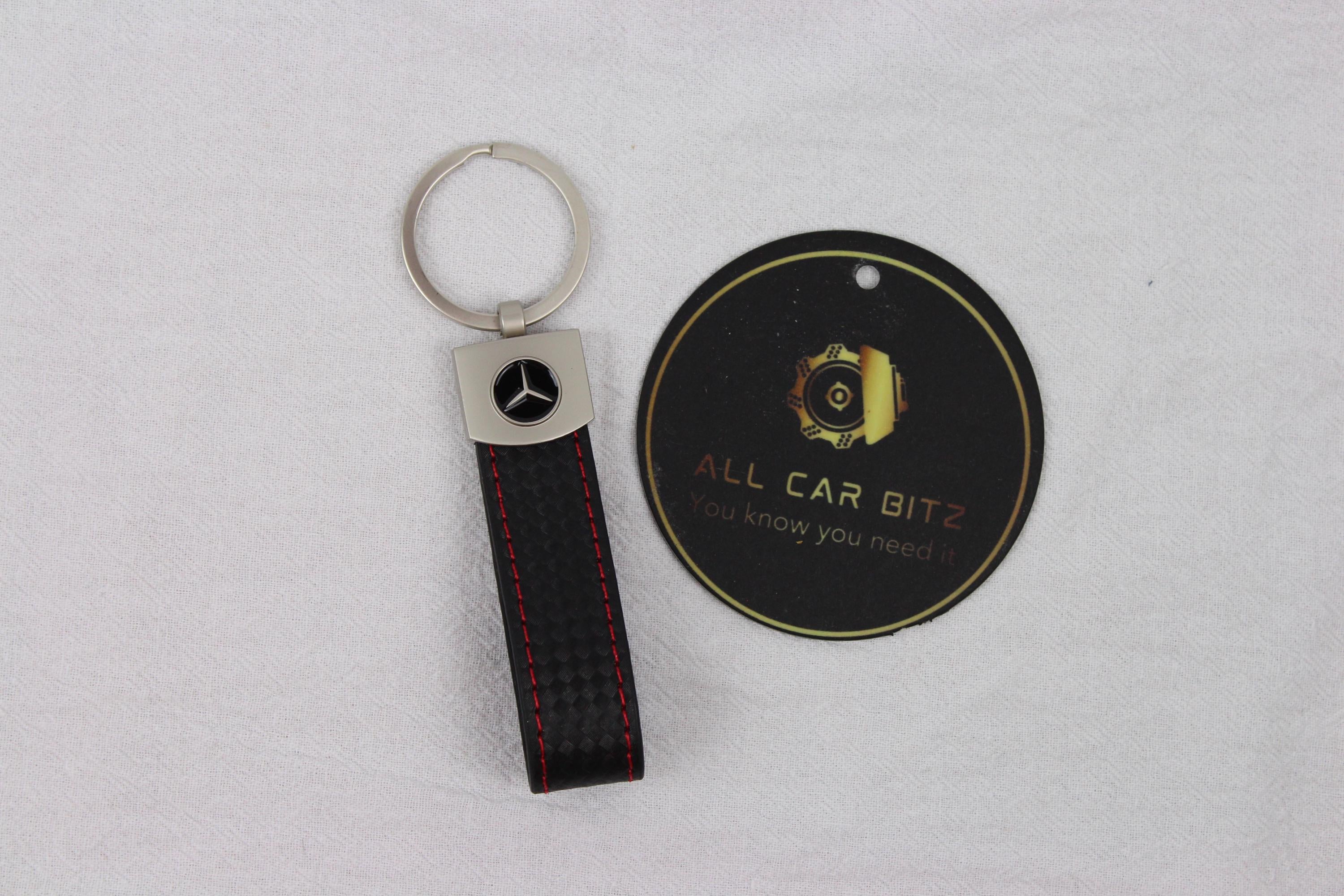 Mercedes Logo Keychain Black – Carbon Fibre Effect Leather Key Ring with Red Stitching