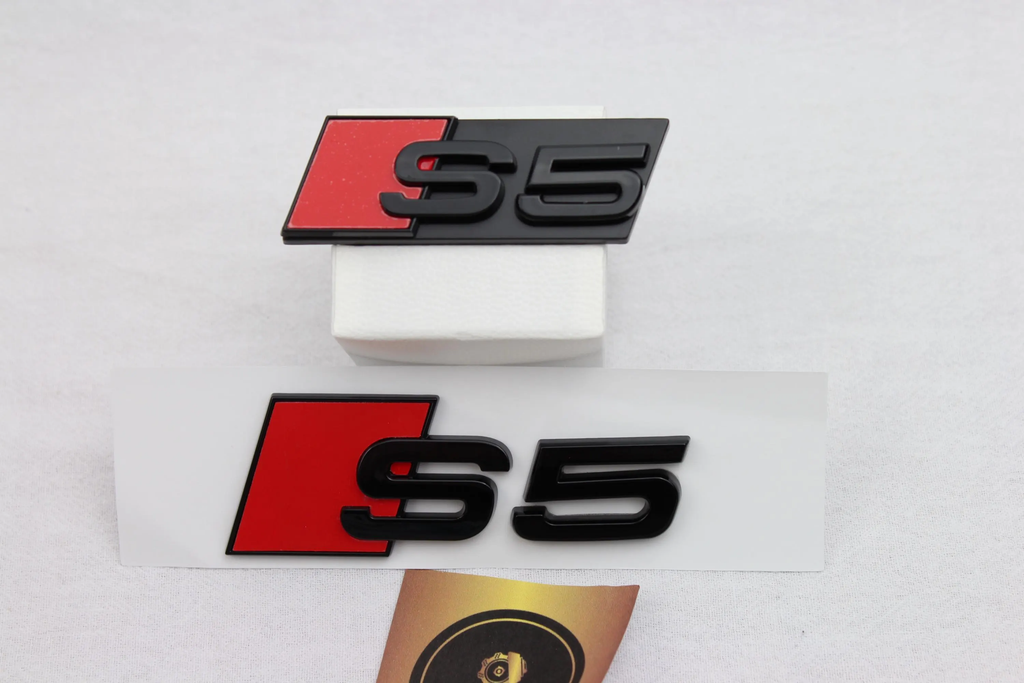 Audi S5 Front and Rear Badge Set – Gloss Black & Red Emblems