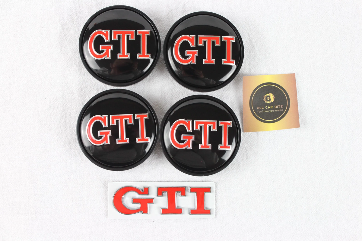 Volkswagen Red GTI Wheel Centre Caps & Badge Set