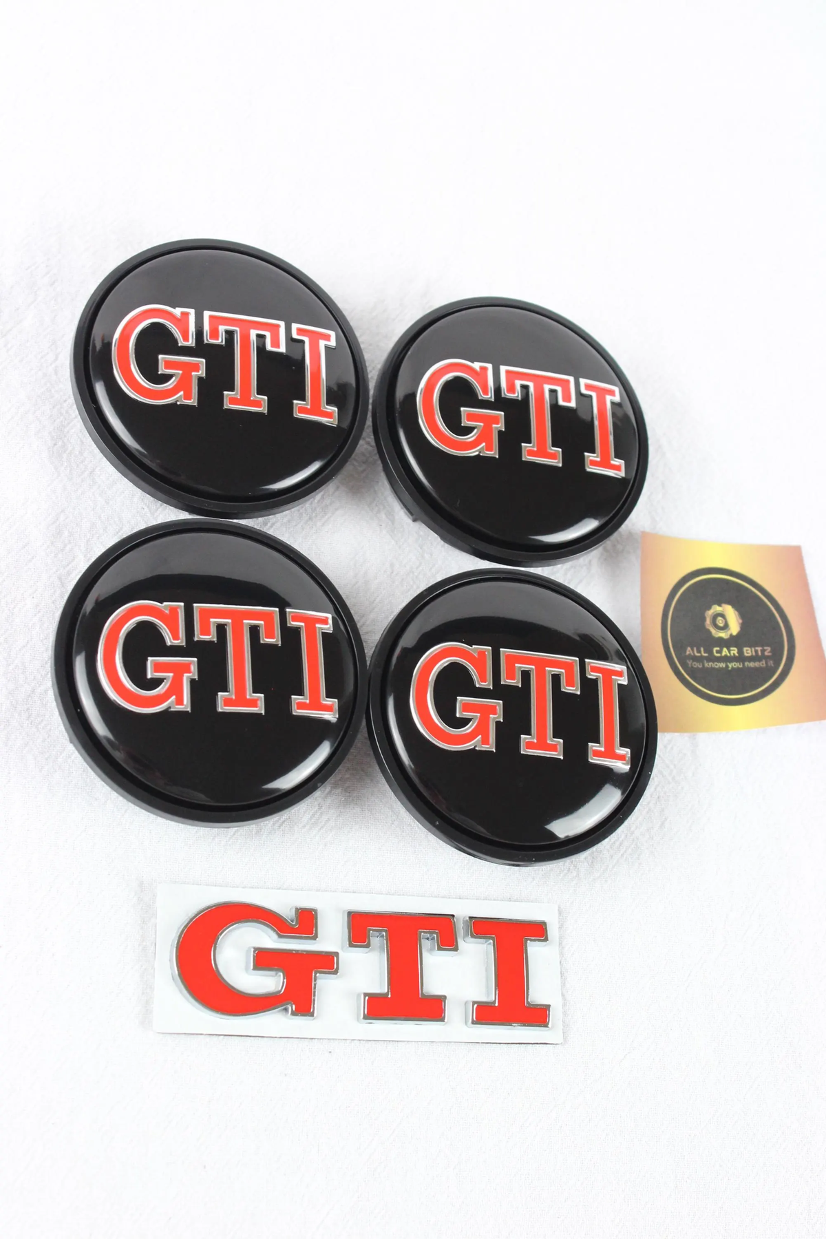 Volkswagen Red GTI Wheel Centre Caps & Badge Set