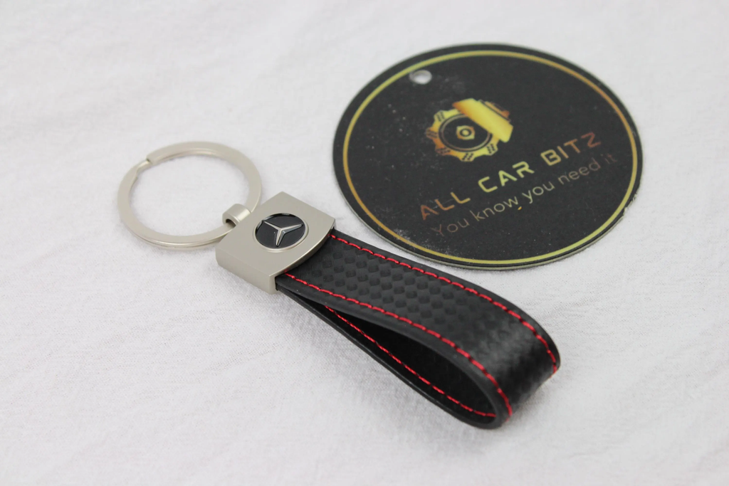 Mercedes Logo Keychain – Carbon Fibre Effect Leather Key Ring with Red Stitching