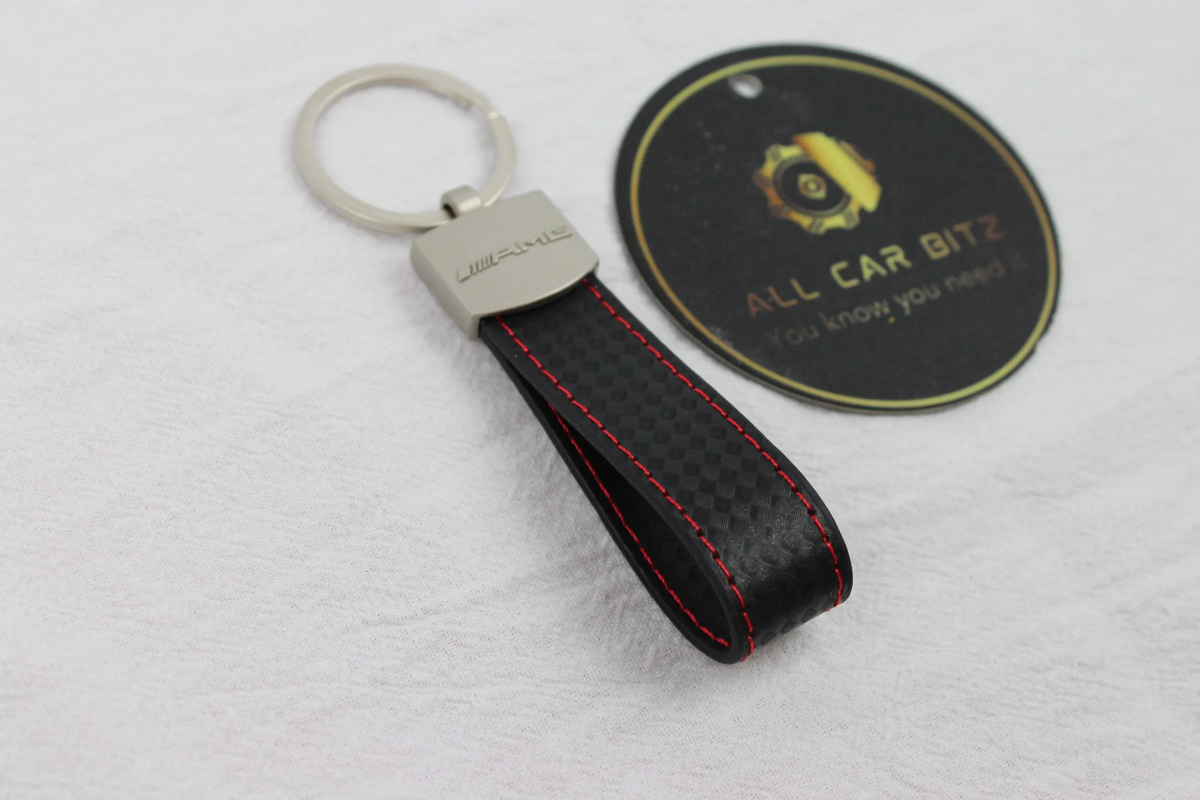 Mercedes Logo Keychain – Carbon Fibre Effect Leather Key Ring with Red Stitching