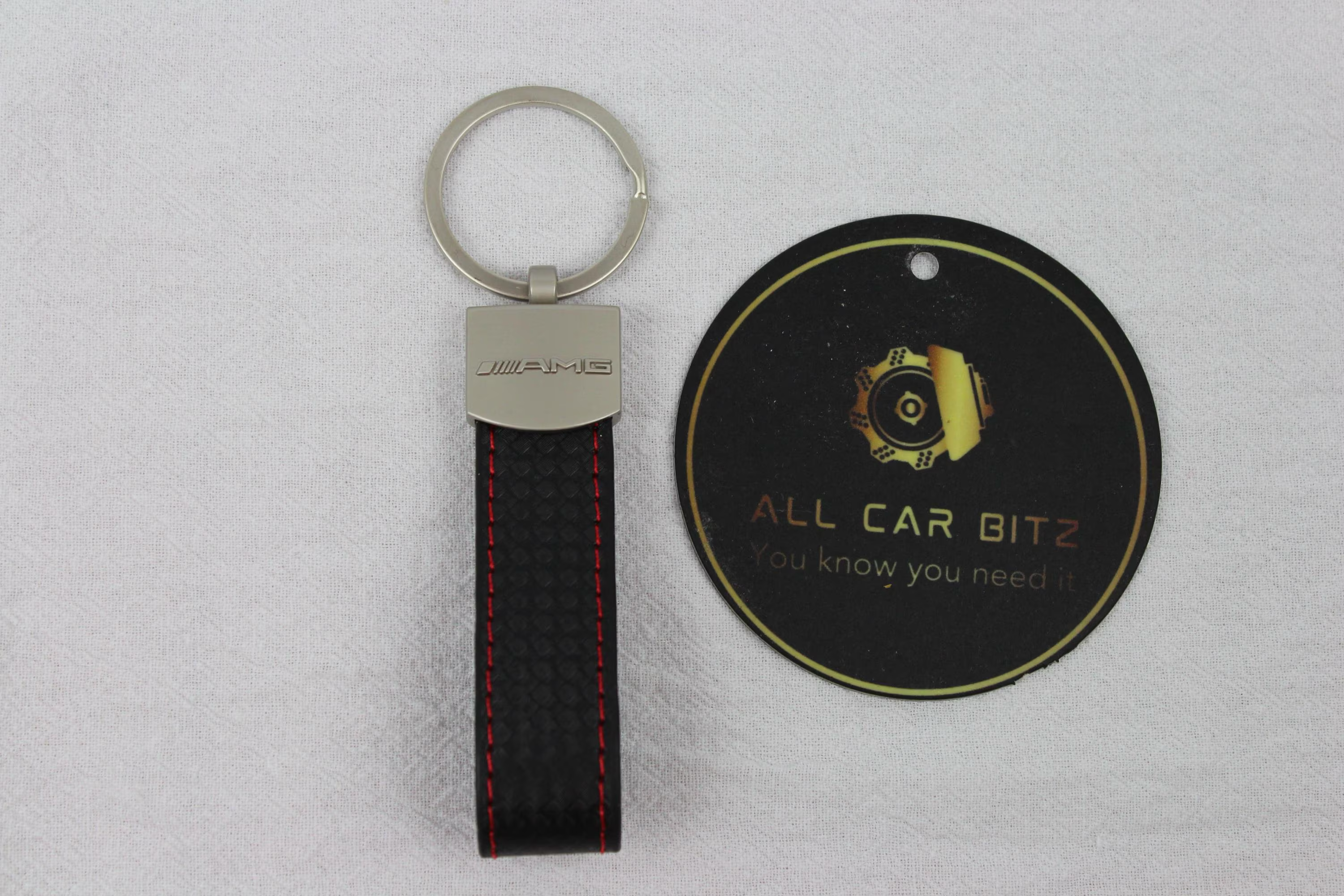Mercedes Logo Keychain AMG – Carbon Fibre Effect Leather Key Ring with Red Stitching
