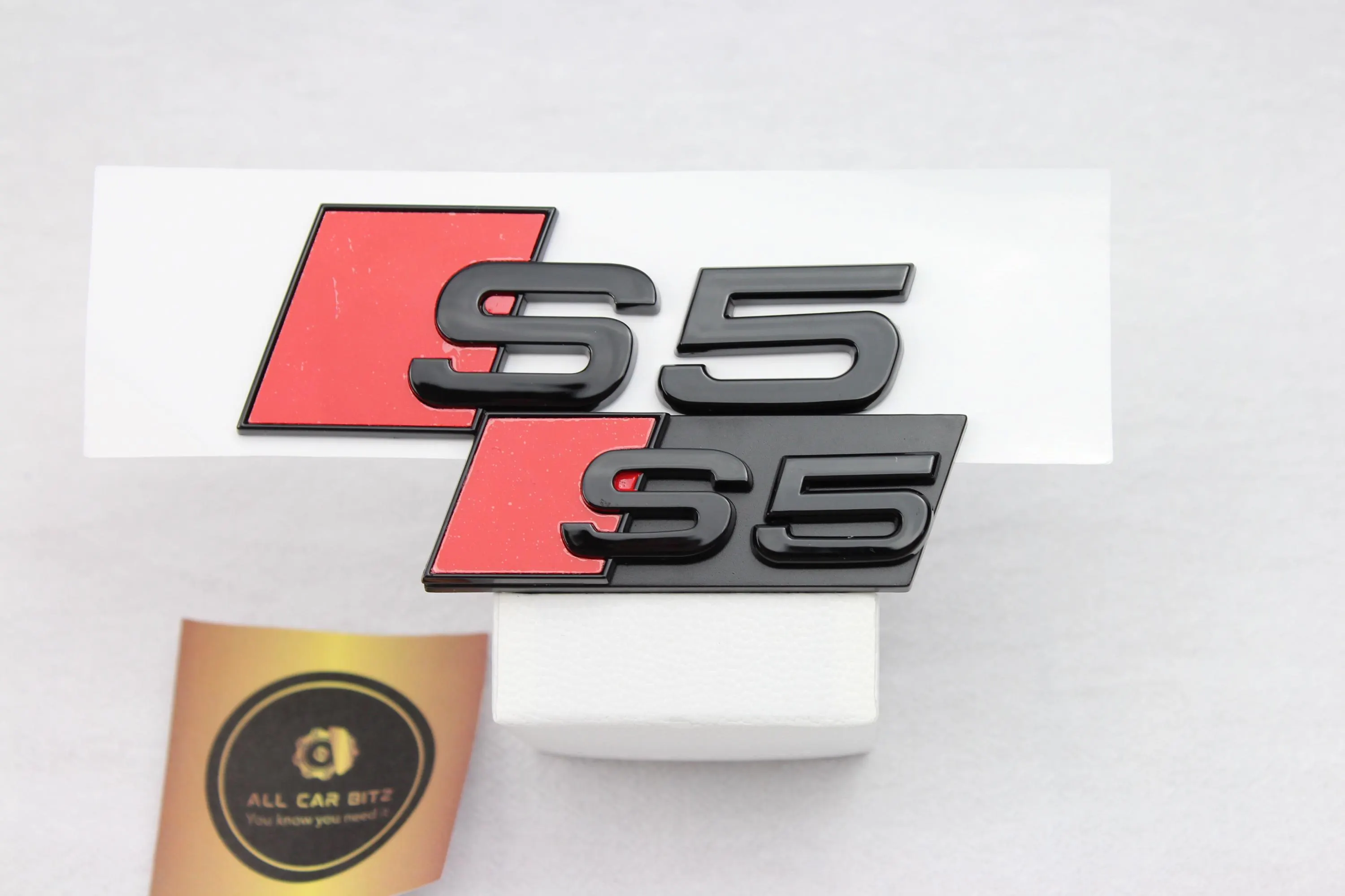 Audi S5 Front and Rear Badge Set – Gloss Black & Red Emblems