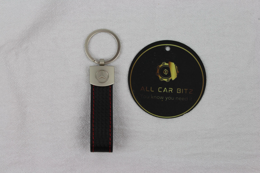 Mercedes Logo Keychain Silver  – Carbon Fibre Effect Leather Key Ring with Red Stitching