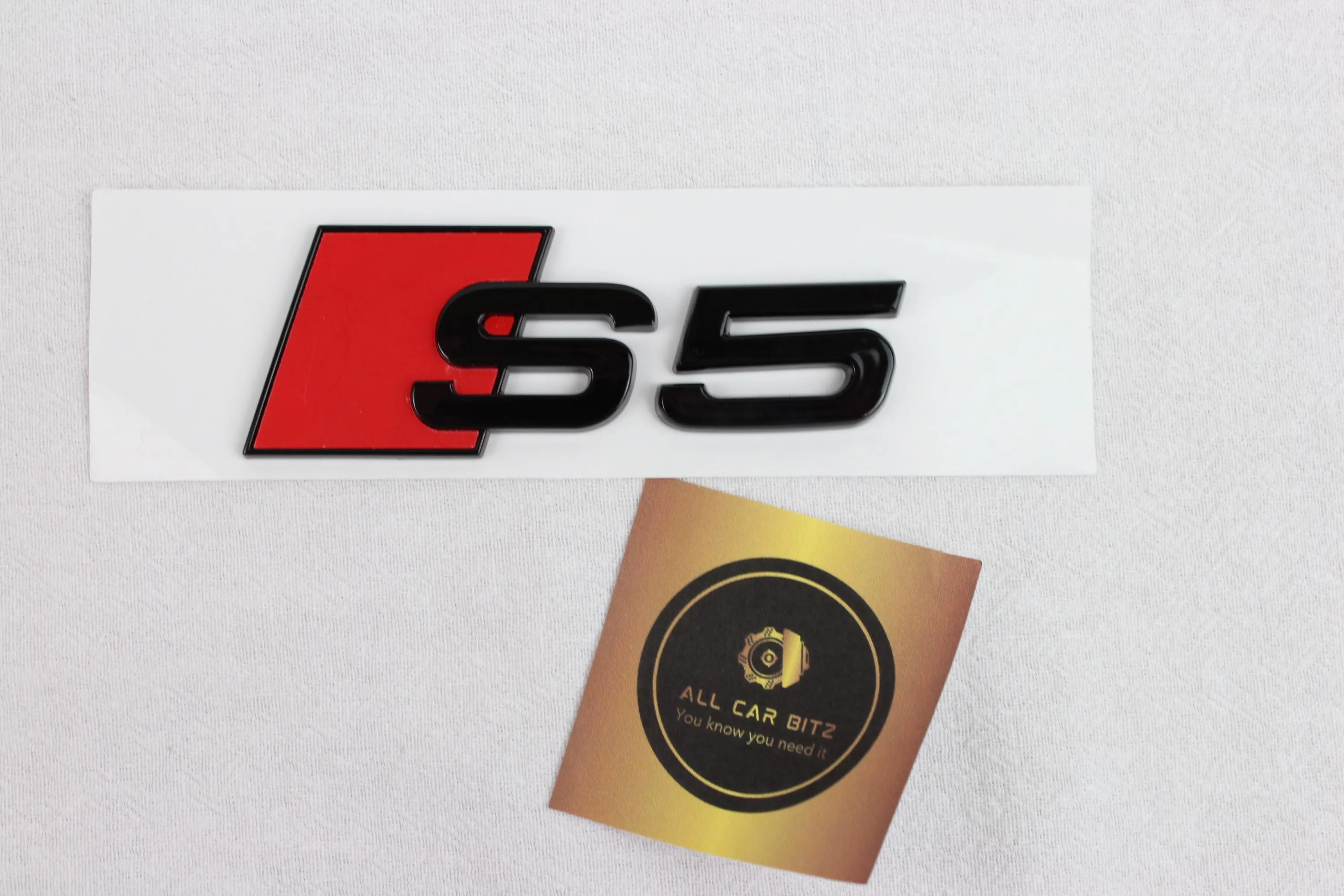 Audi S5 Front and Rear Badge Set – Gloss Black & Red Emblems