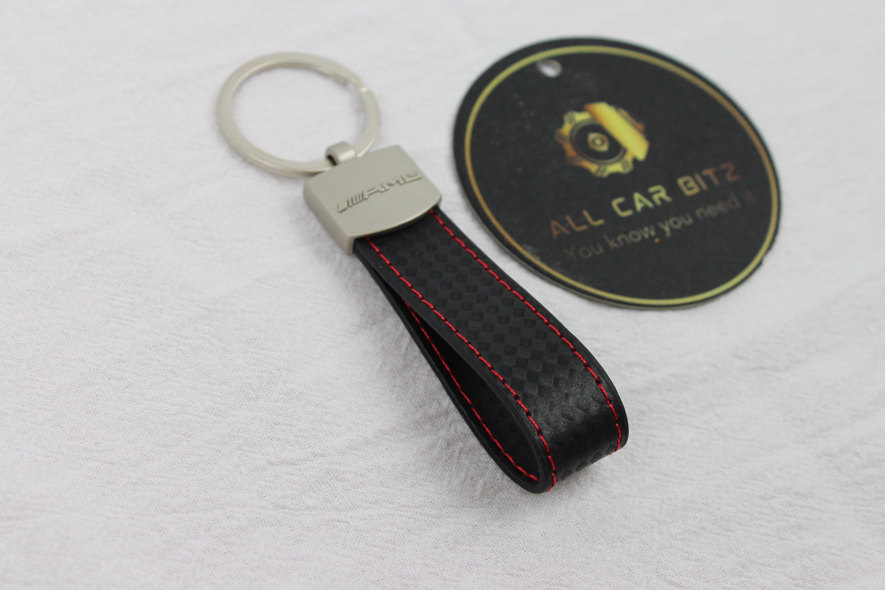 Mercedes Logo Keychain AMG – Carbon Fibre Effect Leather Key Ring with Red Stitching